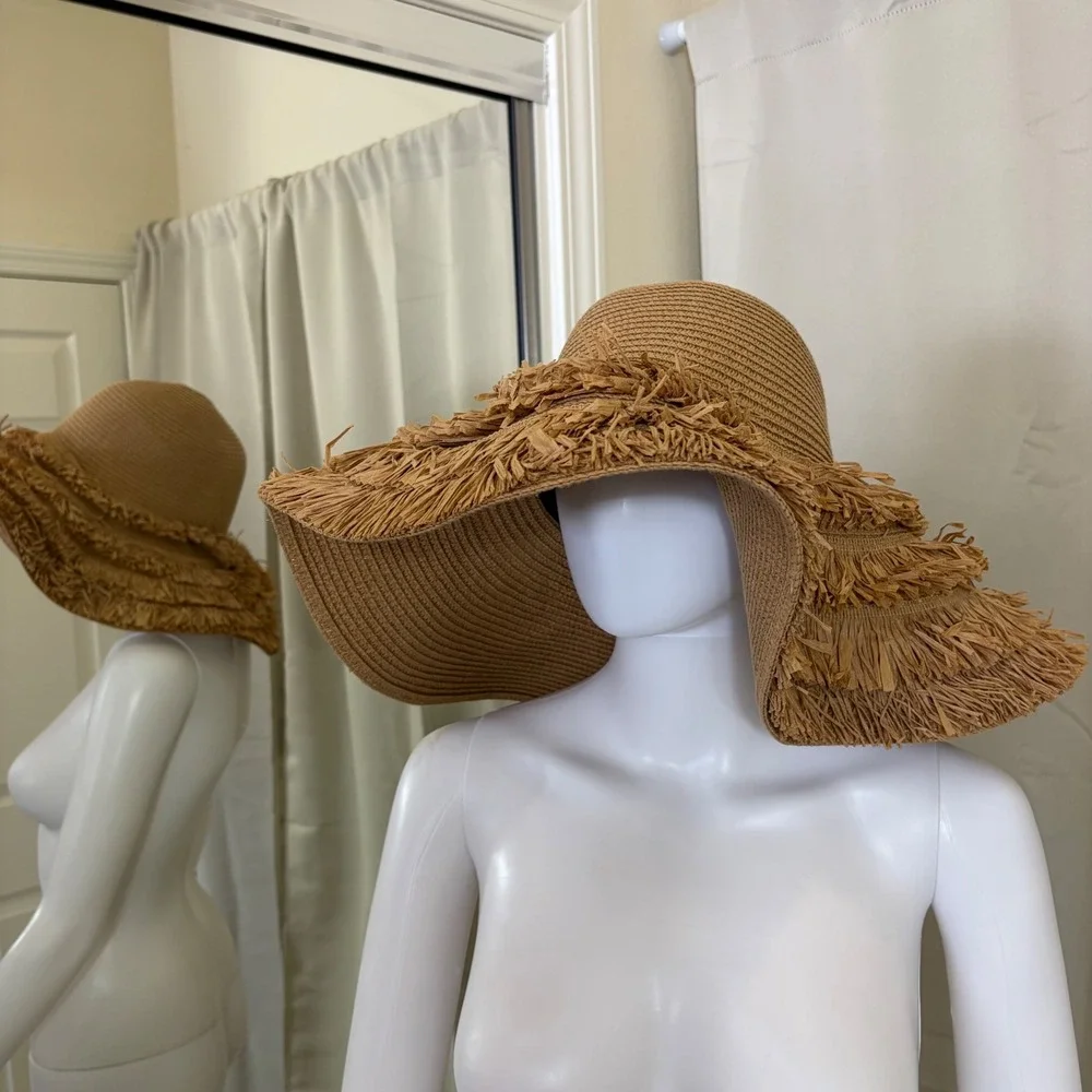 Ernestina & Macorina Tan Woven Wide Brim Straw Sun Hat Frayed Raffia Fringe Boho